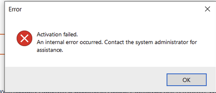 Error dialog box from Trados Studio showing message: Activation failed. An internal error occurred. Contact the system administrator for assistance, with an OK button.
