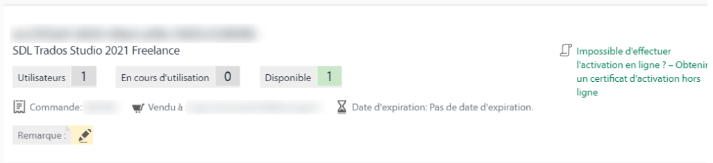 SDL Trados Studio 2021 Freelance activation dialog box showing 1 user, 0 in use, 1 available, no expiration date, and an error message 'Impossible to activate online - Obtain an offline activation certificate'.