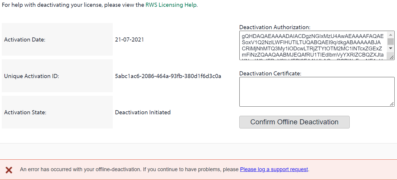 Trados Studio deactivation screen showing Activation Date as 21-07-2021, Unique Activation ID, and Activation State as Deactivation Initiated. An error message states an issue with offline deactivation and prompts to log a support request.
