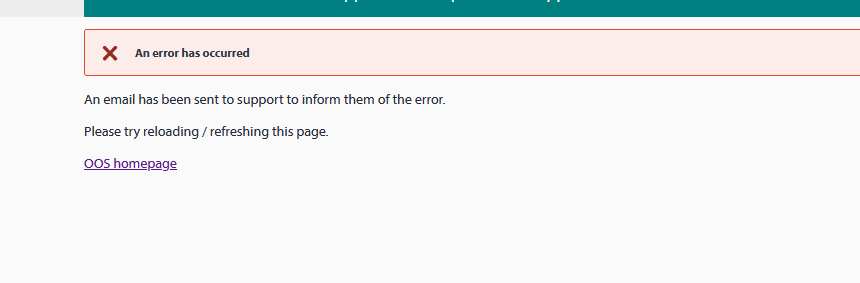 Error message on Trados Studio license page stating 'An error has occurred' with instructions to reload the page and a link to the OOS homepage.