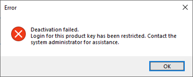 Error message window from SDL Trados Studio stating 'Deactivation failed. Login for this product key has been restricted. Contact the system administrator for assistance.' with an OK button.