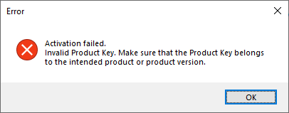 Error dialog box in Trados Studio showing 'Activation failed. Invalid Product Key. Make sure that the Product Key belongs to the intended product or product version.' with an OK button.