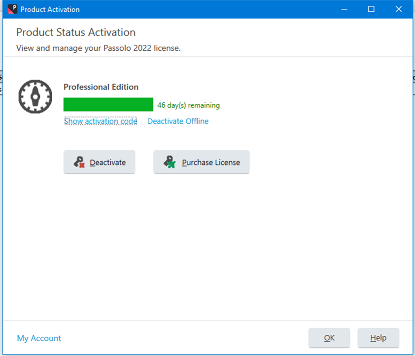 Product Activation window for Passolo 2022 Professional Edition displaying a green progress bar with '46 day(s) remaining' and options to show activation code, deactivate offline, deactivate, and purchase license.