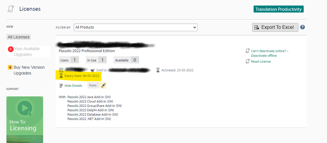 Screenshot of Passolo 2022 Professional Edition license management page showing 1 user license in use, 0 available, with an expiry date of 06-05-2022, and a list of add-ins including .NET add-in.