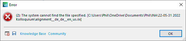 Error message in Trados Studio stating 'The system cannot find the file specified' with a file path ending in 'Kolloquium_alignment_de_de_en_us.itj'.