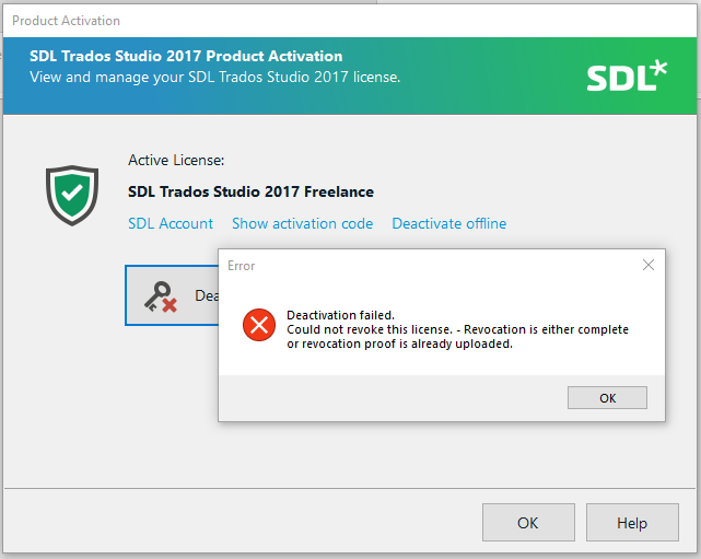 SDL Trados Studio 2017 Product Activation window showing an active license for SDL Trados Studio 2017 Freelance with an error message popup stating 'Deactivation failed. Could not revoke this license. - Revocation is either complete or revocation proof is already uploaded.'