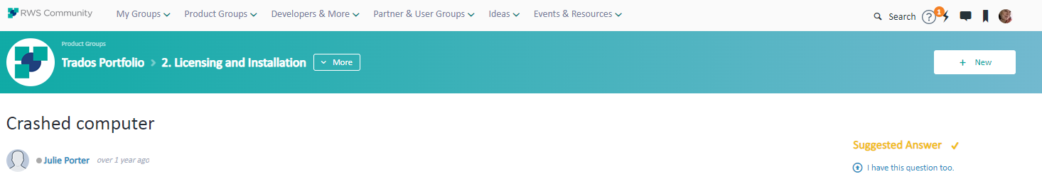 RWS Community page for Trados Portfolio, Licensing and Installation section with a 'Crashed computer' thread by Julie Porter.