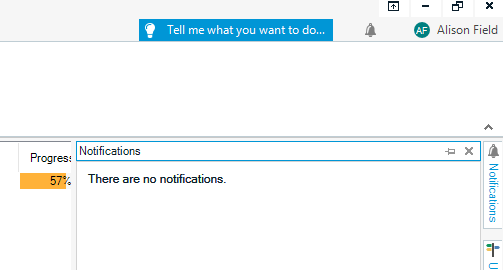 Notification window in Trados Studio indicating update progress at 57% and a message stating 'There are no notifications'.