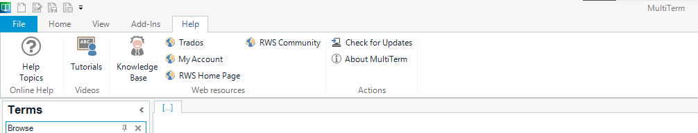 MultiTerm interface with the Help tab open and the 'Check for Updates' option visible.