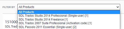 Dropdown menu showing options including SDL Trados Studio 2014 Professional and Freelance, and SDL Trados 2007 Suite Professional.