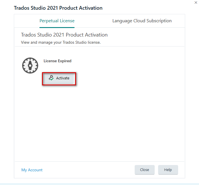 Trados Studio 2021 Product Activation window showing 'License Expired' message with an 'Activate' button highlighted.