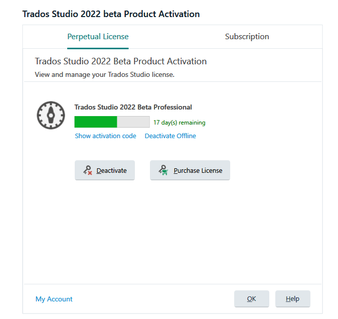 Trados Studio 2022 beta Product Activation dialog with a green timeline indicating 17 days remaining and options to deactivate or purchase a license.