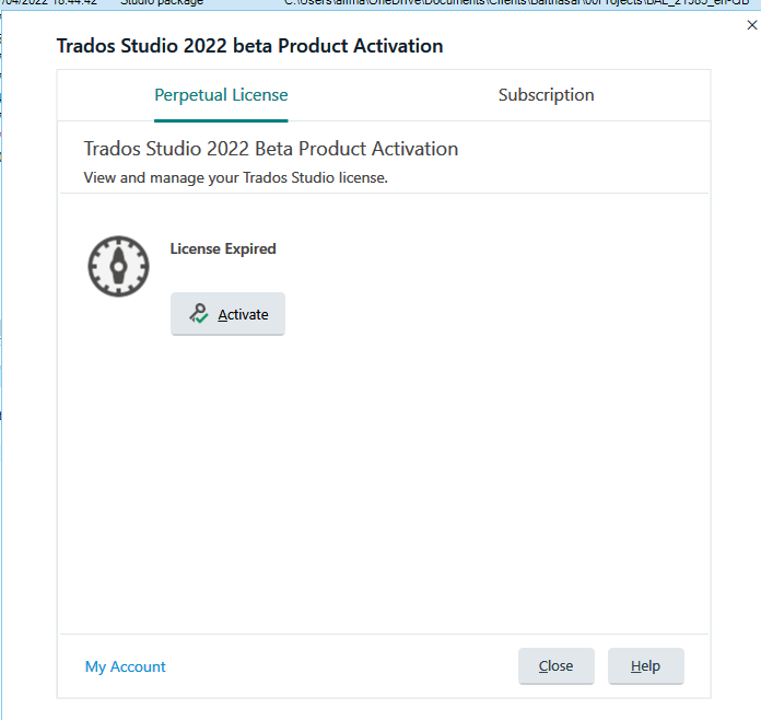 Trados Studio 2022 beta Product Activation dialog displaying 'License Expired' message with an 'Activate' button.