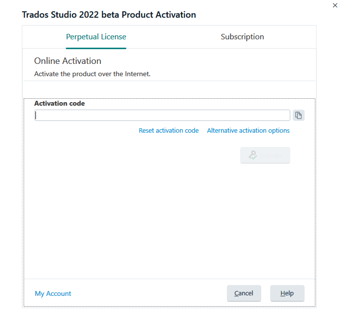 Trados Studio 2022 beta Product Activation dialog with an empty field for entering an 'Activation code' and an 'Activate' button.