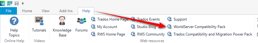 Trados Studio screenshot showing the Help tab with options like Tutorials, Knowledge Base, and Forums. Highlighted is the WorldServer Compatibility Pack link.
