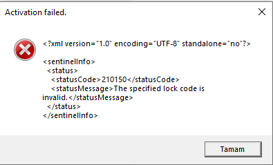 Error message in Trados Studio activation window stating 'Activation failed' with a red cross icon, followed by XML code indicating 'The specified lock code is invalid.' Button labeled 'Tamam' is at the bottom.