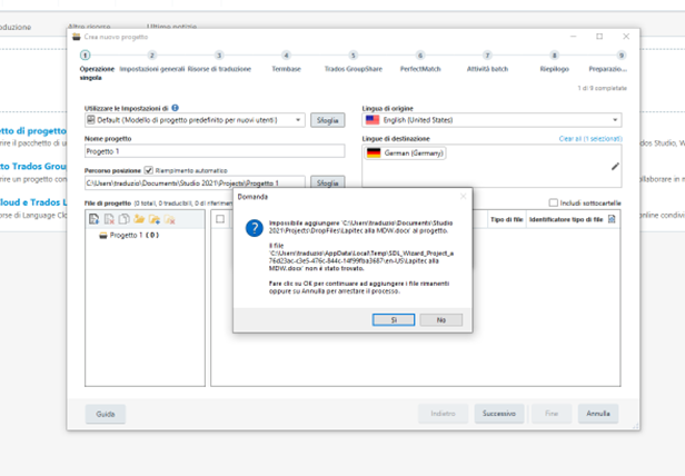 Trados Studio error message window overlaying the project setup screen, indicating an issue with uploading a file from a local drive with options to 'Yes' or 'No' to continue.