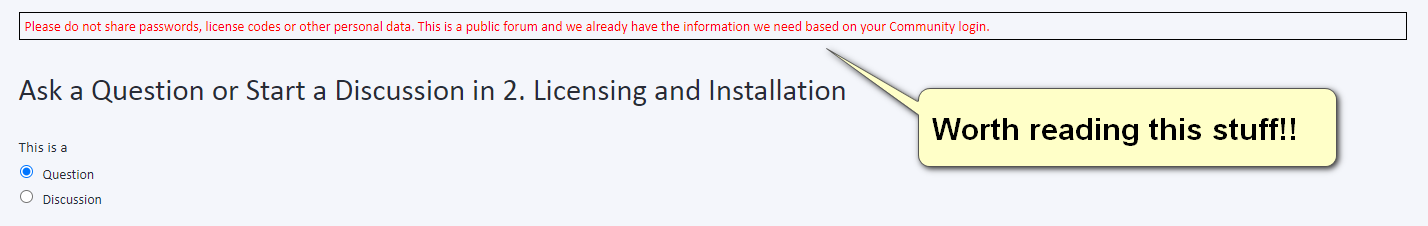 Screenshot of Trados Studio forum with a warning message in red stating not to share passwords, license codes, or personal data, and a yellow sticky note saying 'Worth reading this stuff!'
