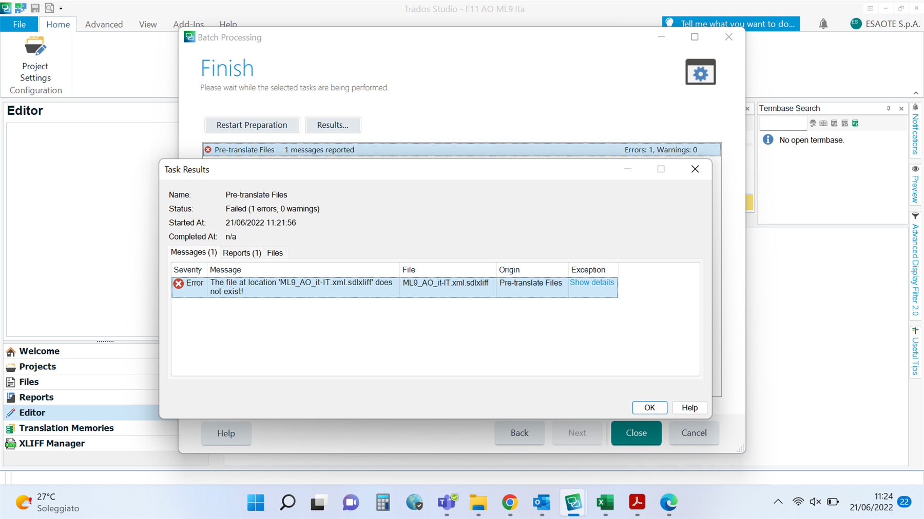 Trados Studio error message during pre-translation process stating 'The file at location 'ML9_AQ_it-IT.xml.sdlxliff' does not exist!' with a red error icon.