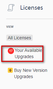 Trados Studio screenshot showing the Licenses section with a notification indicating 17 available upgrades.