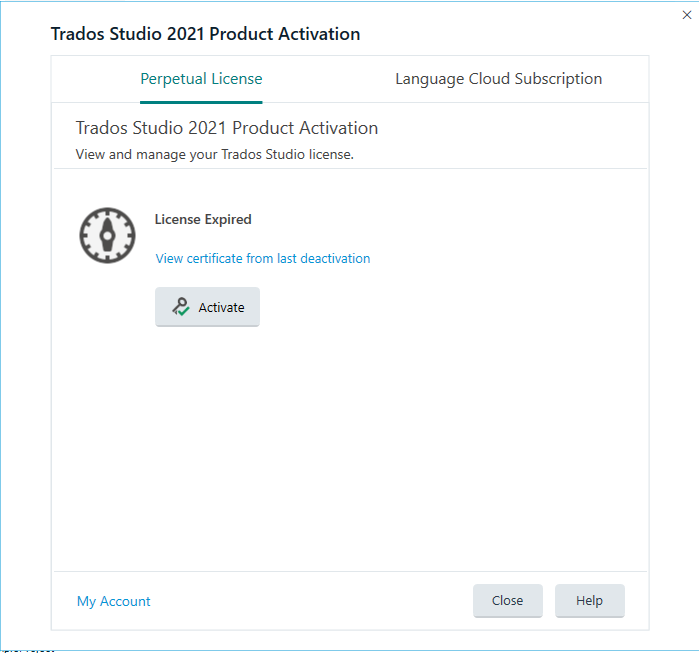 Trados Studio 2021 Product Activation window showing a 'License Expired' message with an 'Activate' button available.