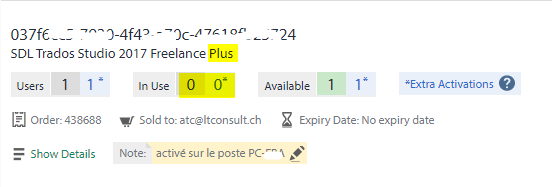 Trados Studio 2017 Freelance Plus license management screen showing 1 user, 0 in use, and 1 available. No expiry date for the license.