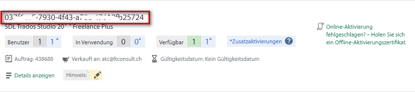 Screenshot of Trados Studio license information showing one user, zero in use, one available, with a warning about online activation failure.