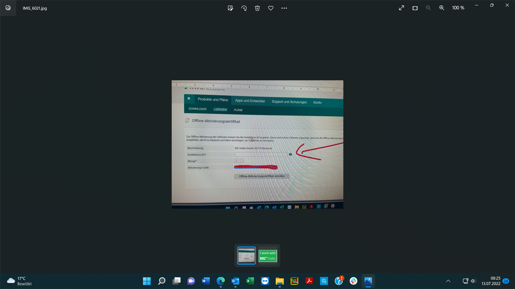 Screenshot of Trados Studio product page with an arrow pointing to the 'Create Offline Activation Certificate' button, indicating an action to be taken.