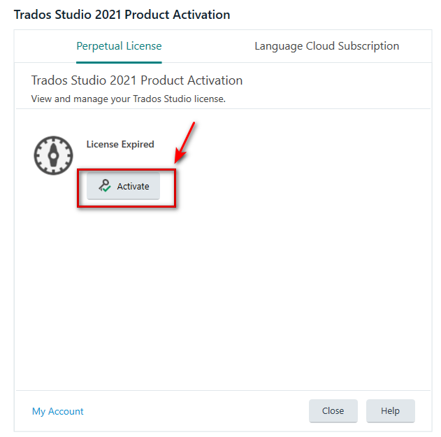 Trados Studio 2021 Product Activation window showing a 'License Expired' message with an 'Activate' button highlighted.