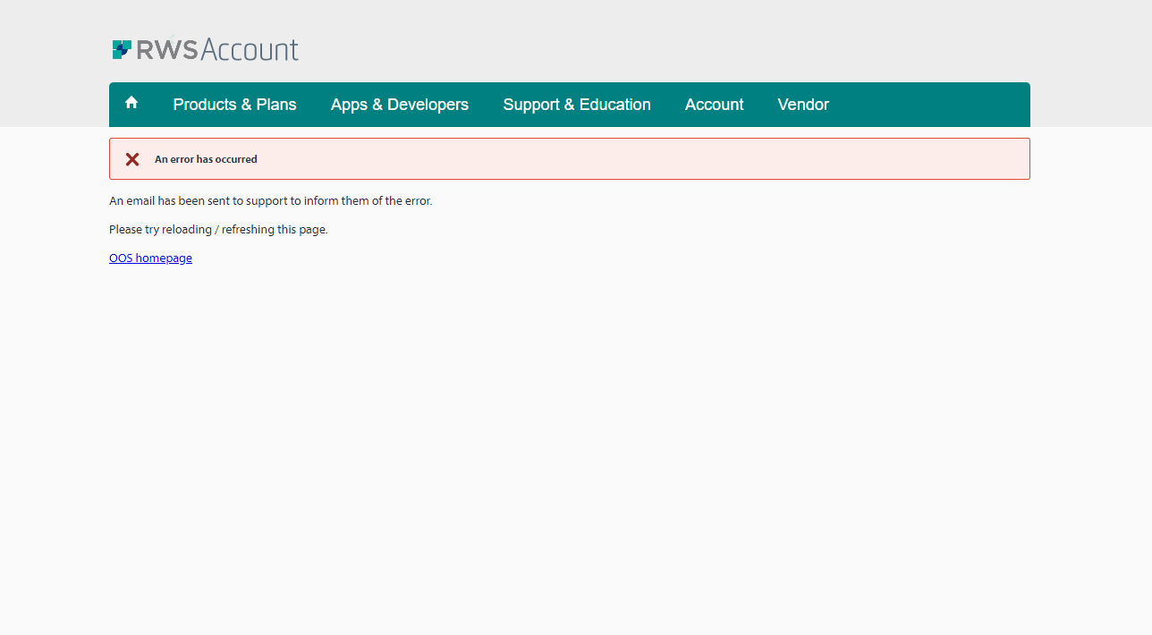Screenshot of RWS Account error message stating 'An error has occurred' with instructions to reload the page and a notification that an email has been sent to support.