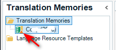 Translation Memories view in Trados Studio showing a TM with an orange triangle indicating it needs updating.