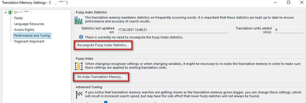Translation Memory settings in Trados Studio with 'Recompute Fuzzy Index Statistics' and 'Re-index Translation Memory' functions highlighted.
