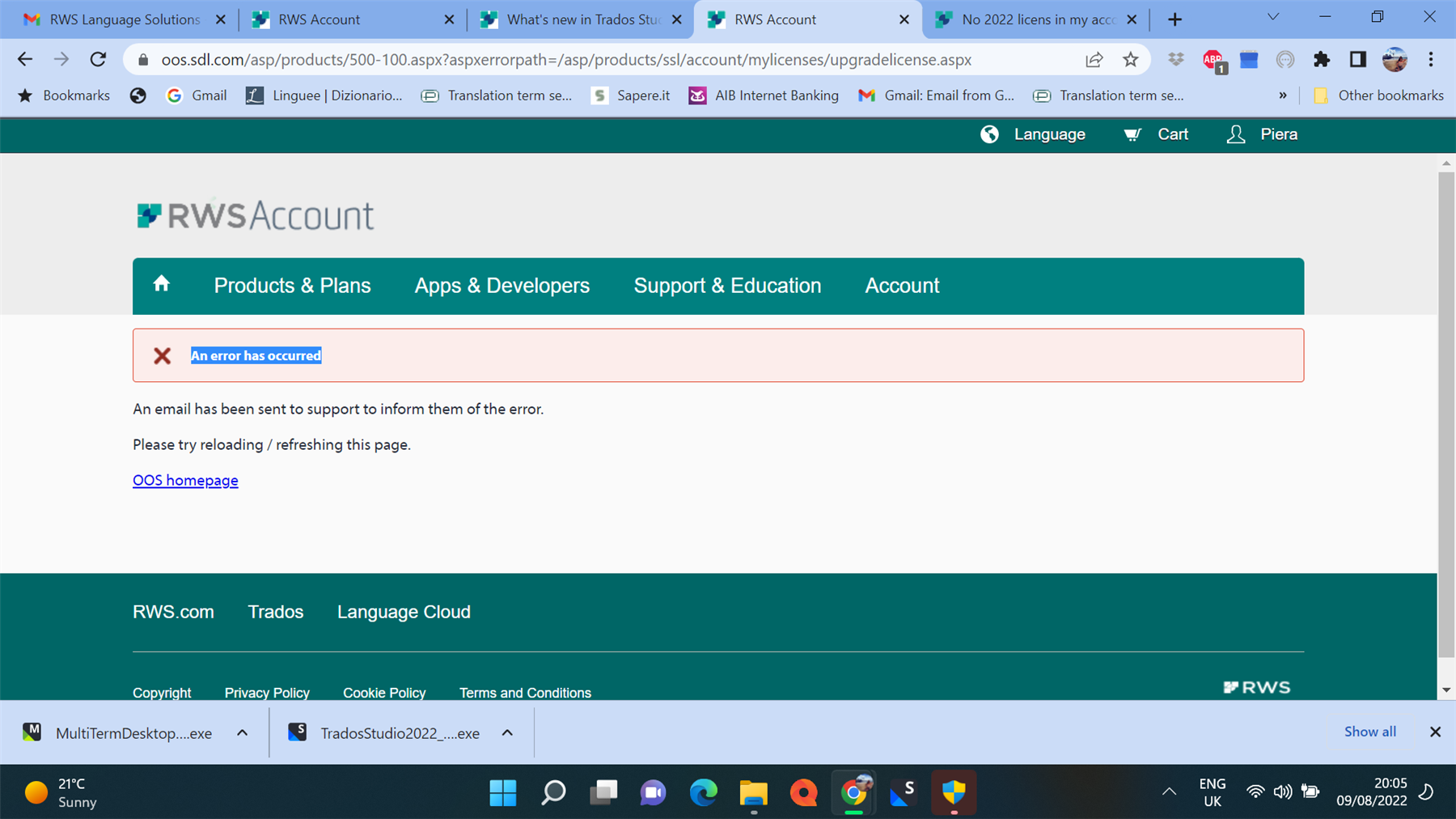 Screenshot of RWS Account webpage with an error message stating 'An error has occurred' and instructions to reload the page or visit the OOS homepage.