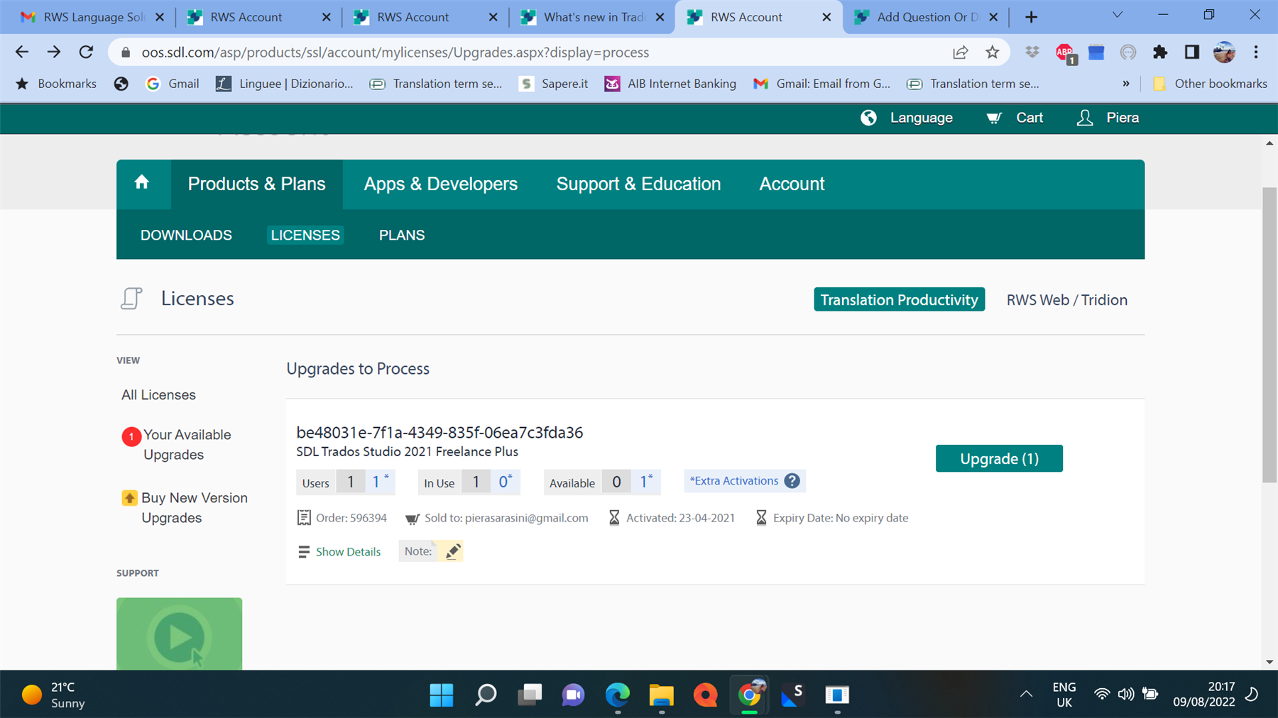 Screenshot of Trados Studio license upgrade page showing one available upgrade for SDL Trados Studio 2021 Freelance Plus with an 'Upgrade' button.