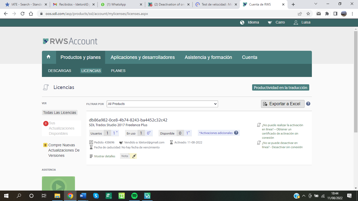 Screenshot of Trados Studio license management page showing one license in use and zero available with an error message stating 'Revocation is either complete or revocation proof is already uploaded.'
