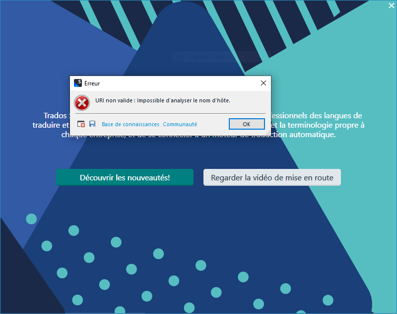 Error message on Trados Studio 2022: 'Erreur - URI non valide: impossible d'analyser le nom d'h te.' with an OK button.