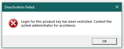 Error message in Trados Studio stating 'Deactivation failed. Login for this product key has been restricted. Contact the system administrator for assistance.' with an OK button.
