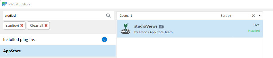 RWS AppStore search bar with 'studiovi' typed in and one result for 'studioViews' by Trados AppStore Team, marked as free and installed.