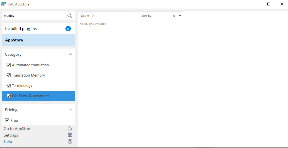 Trados Studio 2021 AppStore window showing no plugins available with 'File filters & converters' category selected and 'Free' pricing filter applied.