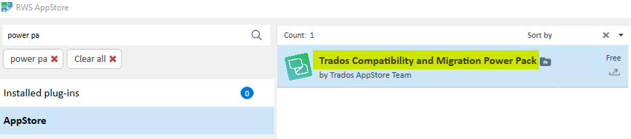 RWS AppStore search results showing 'Trados Compatibility and Migration Power Pack' plugin by Trados AppStore Team with a 'Free' label.