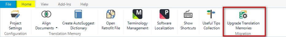 Trados Studio ribbon with a red box highlighting the 'Upgrade Translation Memories Migration' icon added by the plugin.