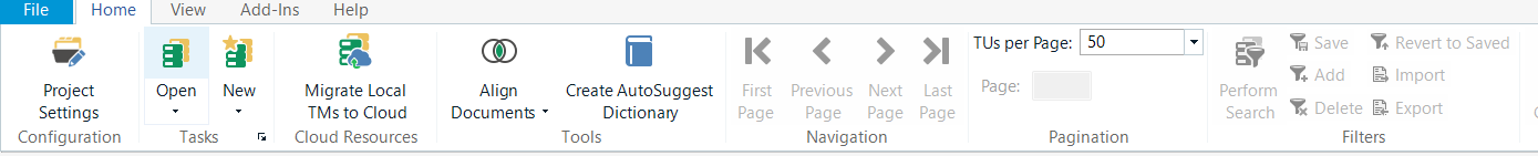 Screenshot of Trados Studio interface showing menu options such as Project Settings, Open, New, and Tools. No error icons visible.