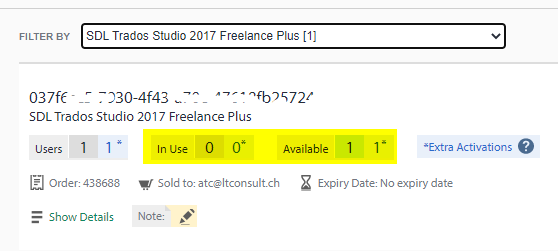 License management screen showing SDL Trados Studio 2017 Freelance Plus with one user, zero in use, one available, and no expiry date.