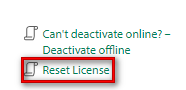 Screenshot showing the 'Reset License' option highlighted in the Trados Studio customer account settings.