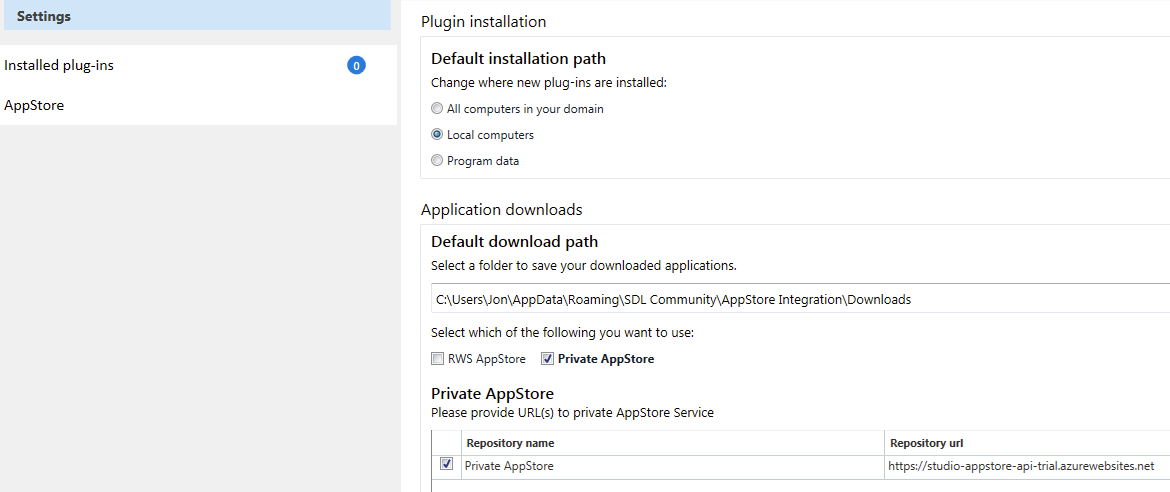 Trados Studio settings showing Plugin installation options with 0 installed plug-ins. Private AppStore is checked with repository name and URL fields filled.