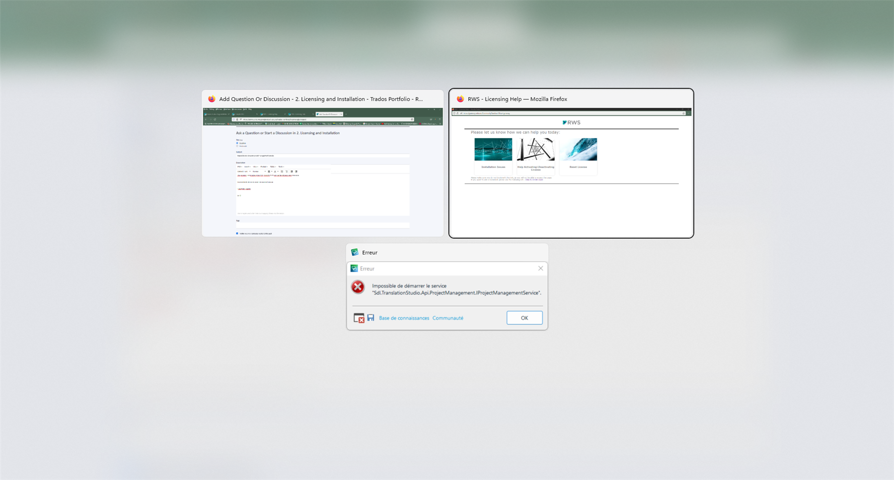 Screenshot of Trados Studio error message in French stating 'Impossible de demarrer le service Sdl.TranslationStudio.Api.ProjectManagement.IProjectManagementService'.
