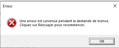 Error message in French in Trados Studio stating 'An error occurred during the license request. Click Retry to try again.'