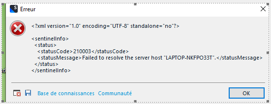 Error message in Trados Studio indicating 'Failed to resolve the server host LAPTOP-NKPF033T'.
