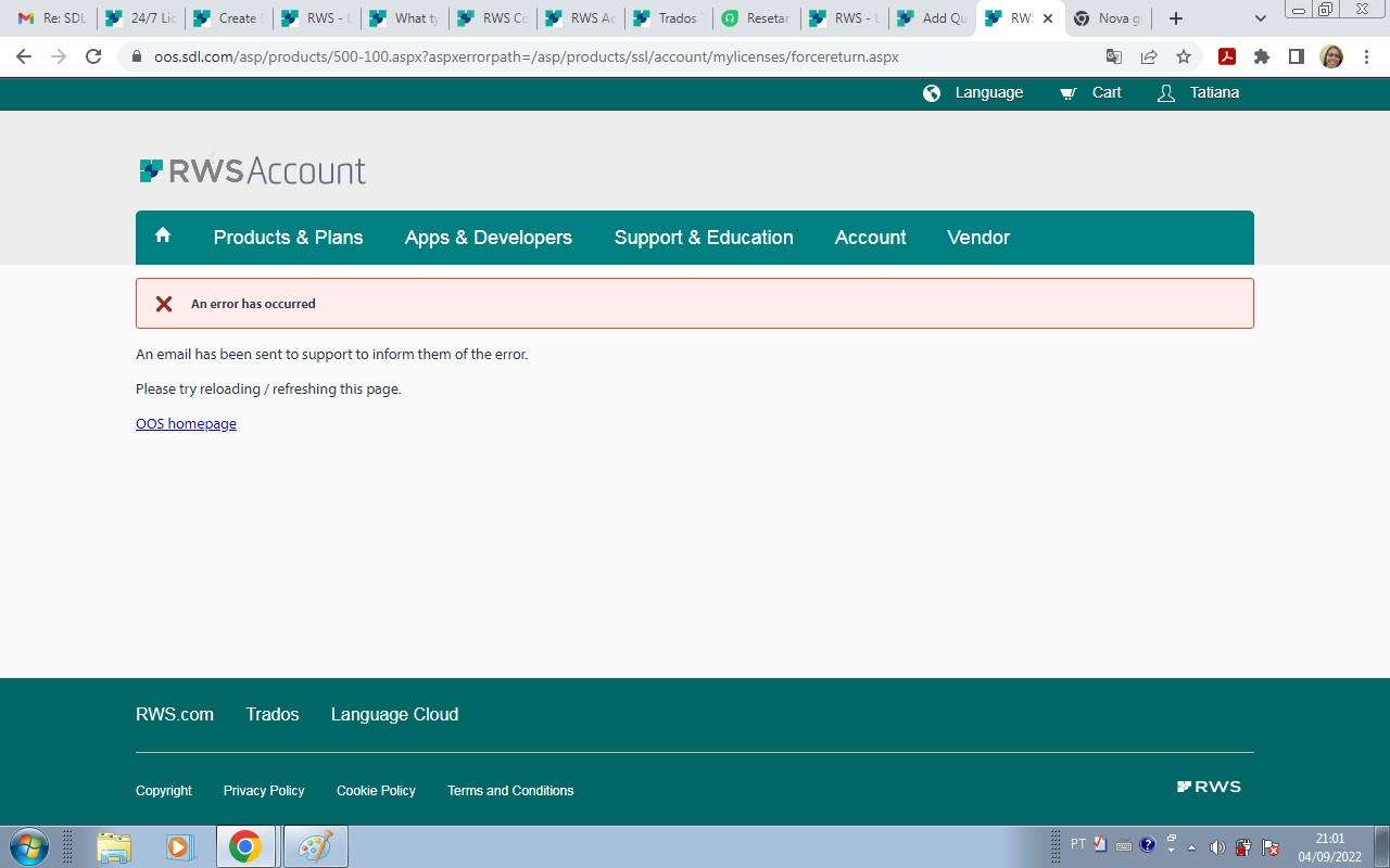 Screenshot of RWS Account webpage with an error message stating 'An error has occurred' and instructions to reload the page or contact support.