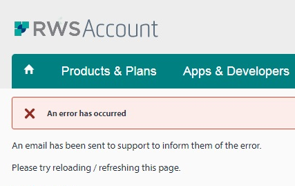 Screenshot of RWSAccount page with an error message stating 'An error has occurred' and instructions to reload or refresh the page.